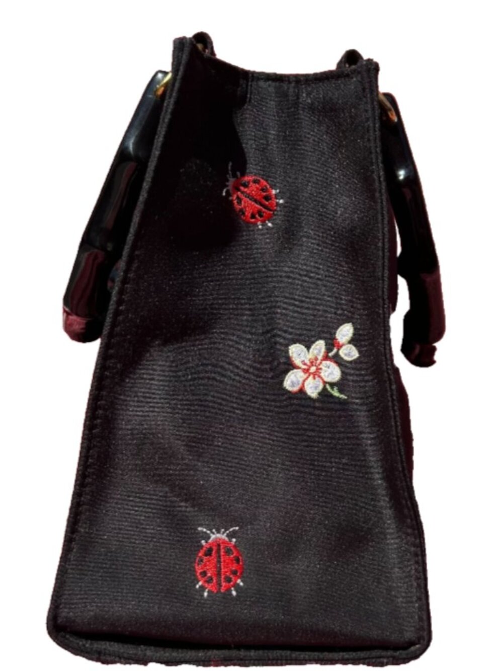 Black Satin Embroidered Ladybug & Flowers Tote Bag - Picture 4 of 8